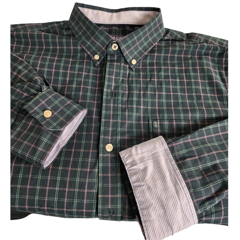 IZOD Mens Lg Green Plaid Button Down Long Sleeve‎ Shirt Flip Cuffs Preppy Dad